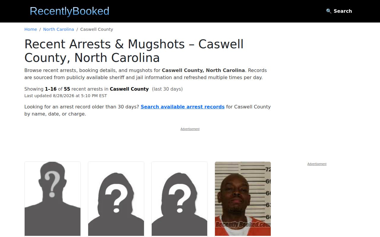 RecentlyBooked Caswell County recent arrest index